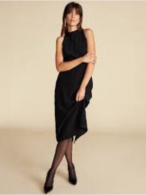 Amour Vert Black High-Neck Sleeveless Embroidered Midi Crepe Dress NWT